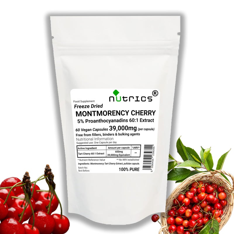 NutricsÂ® 39,000mg (per Capsule) 60 V Capsules Montmorency Tart Cherry Extract 5% Proanthocyanadins (2 Months Supply) - Pure, No fillers Binders or Bulking Agents (60)